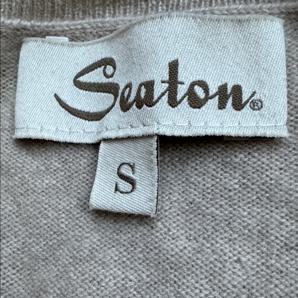 Seaton | 100% Cashmere Striped Pullover V-neck Sweater in Tan | Size S - Picture 5 of 6
